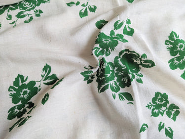 Off White And Green Floral Cotton Handloom Fabric, Quilting Fabric, Fabric By Metre / Fabric By Half Metre